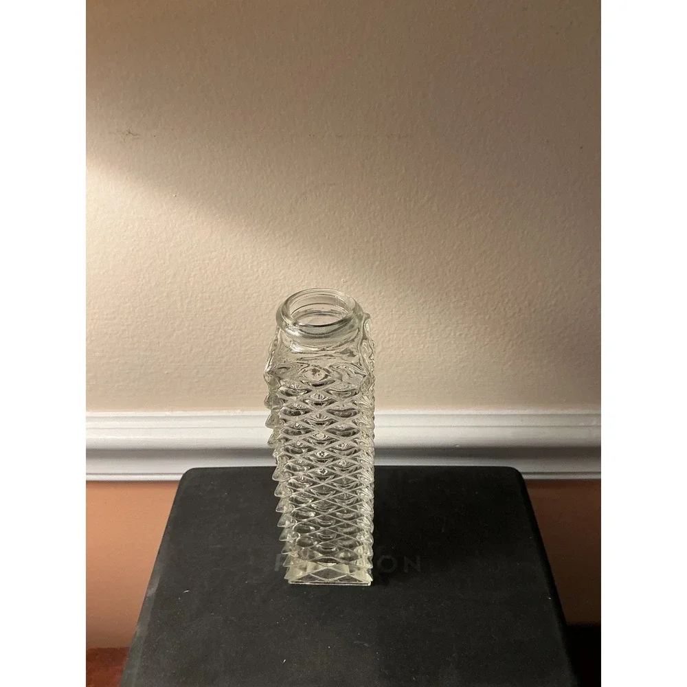 Vintage 1979 FTD Clear Textured Diamond Pattern Glass Bud Vase Square Base Retro